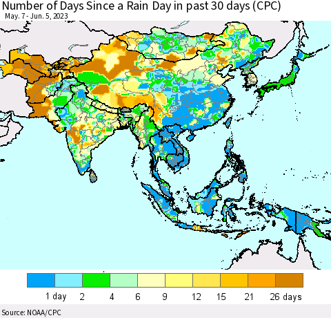 Asia Number of Days Since a Rain Day in past 30 days (CPC) Thematic Map For 6/1/2023 - 6/5/2023