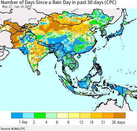 Asia Number of Days Since a Rain Day in past 30 days (CPC) Thematic Map For 6/11/2023 - 6/15/2023