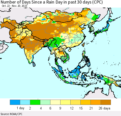 Asia Number of Days Since a Rain Day in past 30 days (CPC) Thematic Map For 11/16/2023 - 11/20/2023