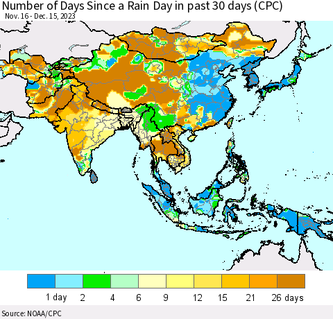 Asia Number of Days Since a Rain Day in past 30 days (CPC) Thematic Map For 12/11/2023 - 12/15/2023