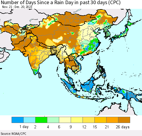 Asia Number of Days Since a Rain Day in past 30 days (CPC) Thematic Map For 12/16/2023 - 12/20/2023