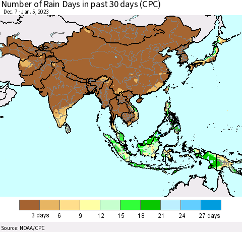 Asia Number of Rain Days in past 30 days (CPC) Thematic Map For 1/1/2023 - 1/5/2023