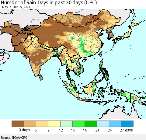 Asia Number of Rain Days in past 30 days (CPC) Thematic Map For 6/1/2023 - 6/5/2023