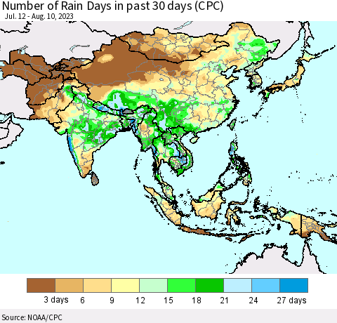 Asia Number of Rain Days in past 30 days (CPC) Thematic Map For 8/6/2023 - 8/10/2023
