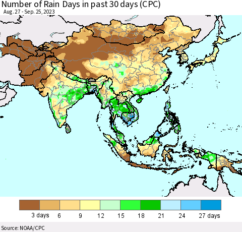 Asia Number of Rain Days in past 30 days (CPC) Thematic Map For 9/21/2023 - 9/25/2023