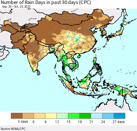 Asia Number of Rain Days in past 30 days (CPC) Thematic Map For 10/21/2023 - 10/25/2023