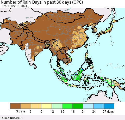 Asia Number of Rain Days in past 30 days (CPC) Thematic Map For 12/26/2023 - 12/31/2023