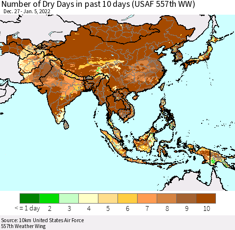 Asia Number of Dry Days in past 10 days (USAF 557th WW) Thematic Map For 1/1/2022 - 1/5/2022