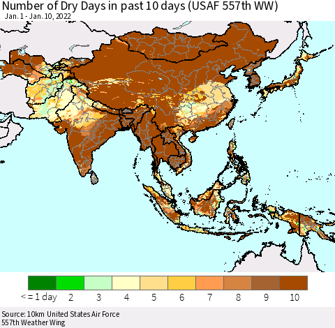 Asia Number of Dry Days in past 10 days (USAF 557th WW) Thematic Map For 1/6/2022 - 1/10/2022