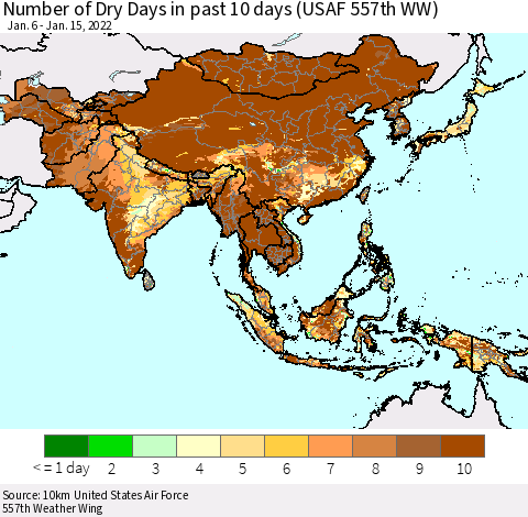 Asia Number of Dry Days in past 10 days (USAF 557th WW) Thematic Map For 1/11/2022 - 1/15/2022