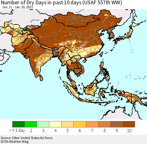 Asia Number of Dry Days in past 10 days (USAF 557th WW) Thematic Map For 1/16/2022 - 1/20/2022