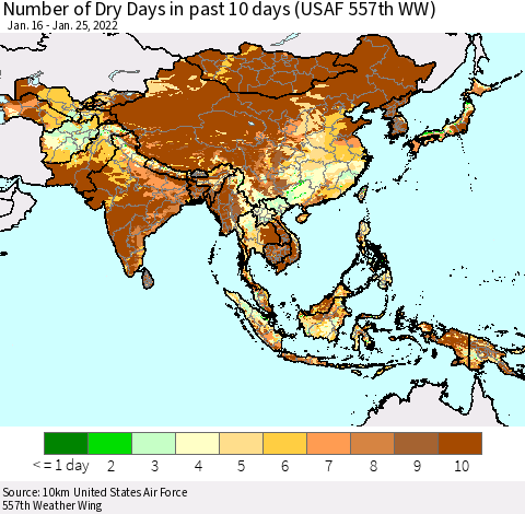 Asia Number of Dry Days in past 10 days (USAF 557th WW) Thematic Map For 1/21/2022 - 1/25/2022