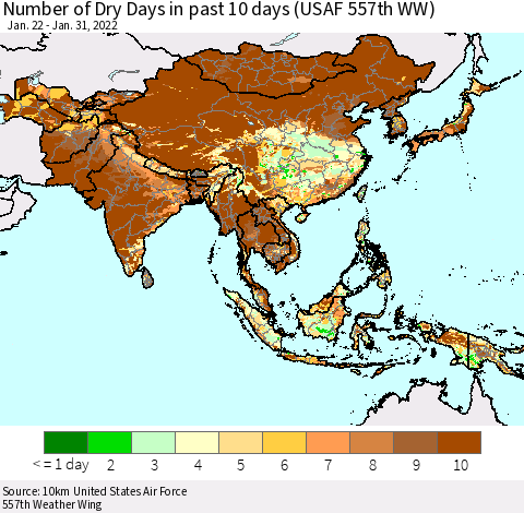 Asia Number of Dry Days in past 10 days (USAF 557th WW) Thematic Map For 1/26/2022 - 1/31/2022