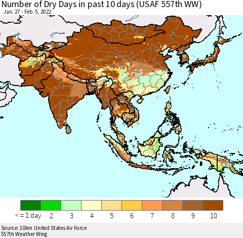 Asia Number of Dry Days in past 10 days (USAF 557th WW) Thematic Map For 2/1/2022 - 2/5/2022