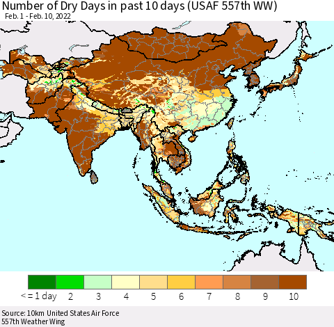 Asia Number of Dry Days in past 10 days (USAF 557th WW) Thematic Map For 2/6/2022 - 2/10/2022