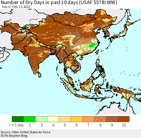 Asia Number of Dry Days in past 10 days (USAF 557th WW) Thematic Map For 2/11/2022 - 2/15/2022