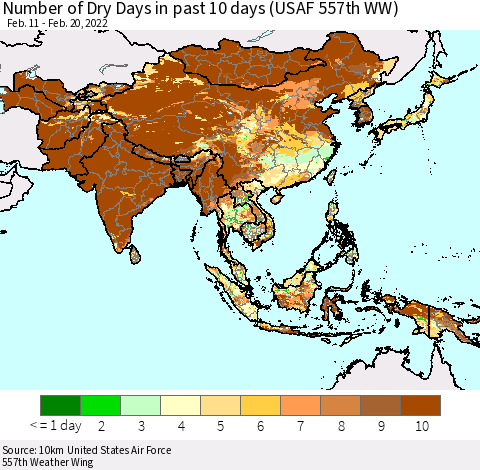 Asia Number of Dry Days in past 10 days (USAF 557th WW) Thematic Map For 2/16/2022 - 2/20/2022