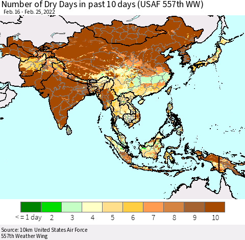 Asia Number of Dry Days in past 10 days (USAF 557th WW) Thematic Map For 2/21/2022 - 2/25/2022
