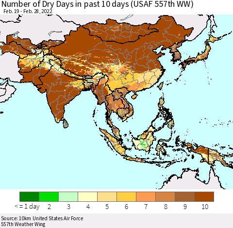 Asia Number of Dry Days in past 10 days (USAF 557th WW) Thematic Map For 2/26/2022 - 2/28/2022