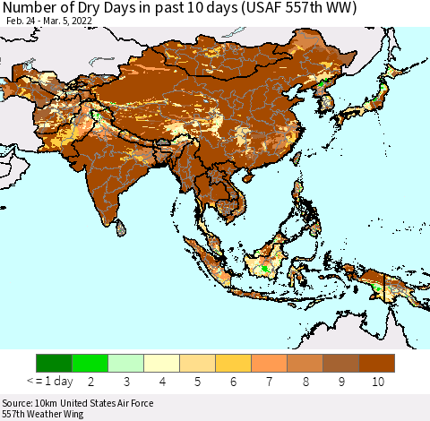 Asia Number of Dry Days in past 10 days (USAF 557th WW) Thematic Map For 3/1/2022 - 3/5/2022