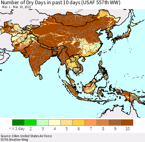 Asia Number of Dry Days in past 10 days (USAF 557th WW) Thematic Map For 3/6/2022 - 3/10/2022