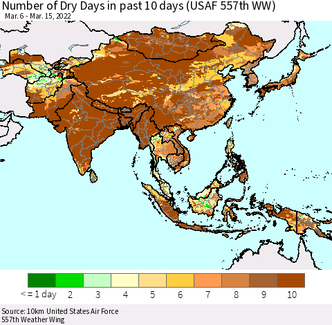 Asia Number of Dry Days in past 10 days (USAF 557th WW) Thematic Map For 3/11/2022 - 3/15/2022