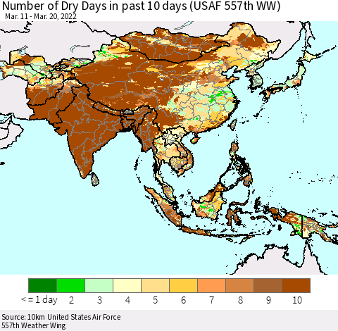 Asia Number of Dry Days in past 10 days (USAF 557th WW) Thematic Map For 3/16/2022 - 3/20/2022