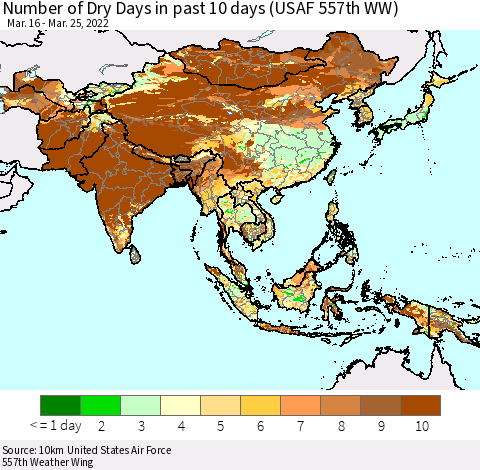 Asia Number of Dry Days in past 10 days (USAF 557th WW) Thematic Map For 3/21/2022 - 3/25/2022