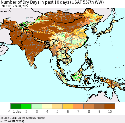 Asia Number of Dry Days in past 10 days (USAF 557th WW) Thematic Map For 3/26/2022 - 3/31/2022