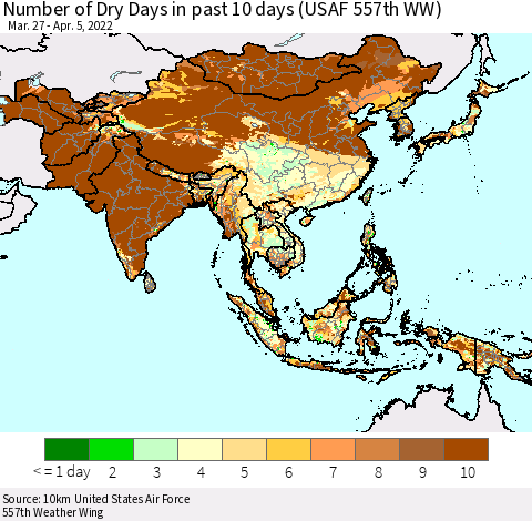 Asia Number of Dry Days in past 10 days (USAF 557th WW) Thematic Map For 4/1/2022 - 4/5/2022