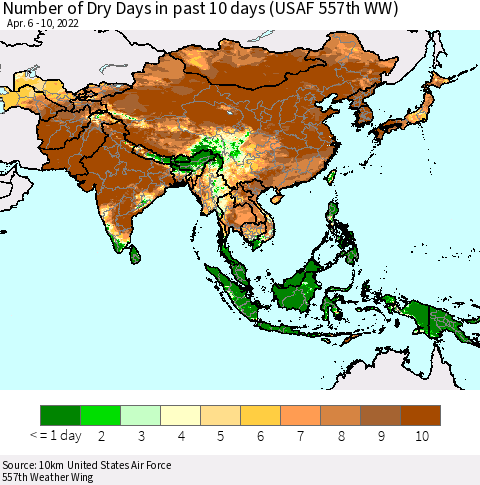Asia Number of Dry Days in past 10 days (USAF 557th WW) Thematic Map For 4/6/2022 - 4/10/2022