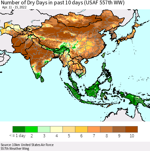Asia Number of Dry Days in past 10 days (USAF 557th WW) Thematic Map For 4/11/2022 - 4/15/2022