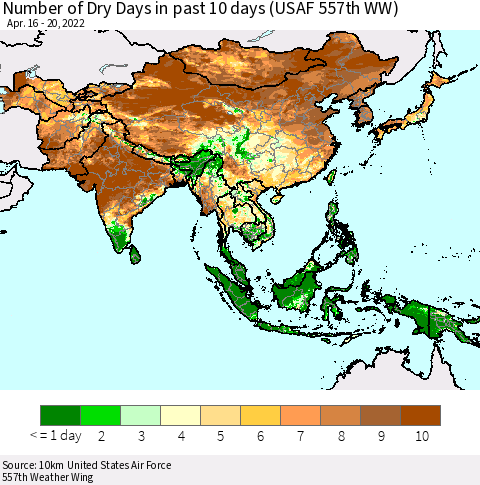 Asia Number of Dry Days in past 10 days (USAF 557th WW) Thematic Map For 4/16/2022 - 4/20/2022