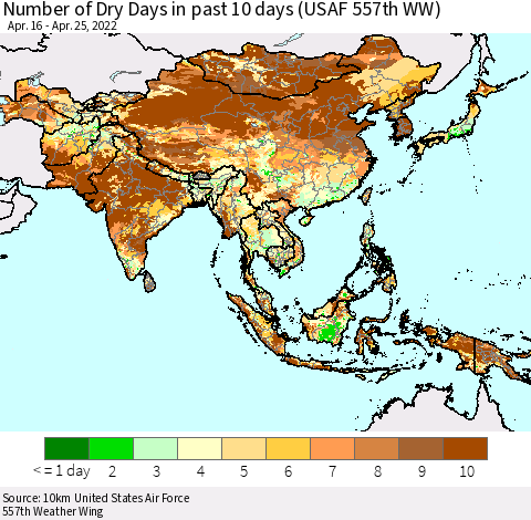 Asia Number of Dry Days in past 10 days (USAF 557th WW) Thematic Map For 4/21/2022 - 4/25/2022