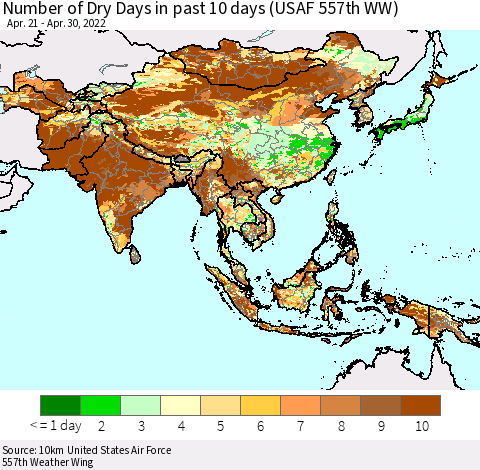 Asia Number of Dry Days in past 10 days (USAF 557th WW) Thematic Map For 4/26/2022 - 4/30/2022