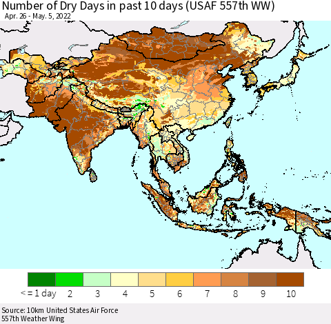 Asia Number of Dry Days in past 10 days (USAF 557th WW) Thematic Map For 5/1/2022 - 5/5/2022