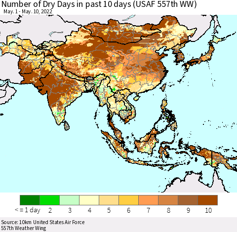 Asia Number of Dry Days in past 10 days (USAF 557th WW) Thematic Map For 5/6/2022 - 5/10/2022