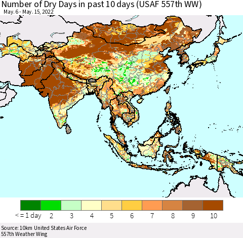 Asia Number of Dry Days in past 10 days (USAF 557th WW) Thematic Map For 5/11/2022 - 5/15/2022