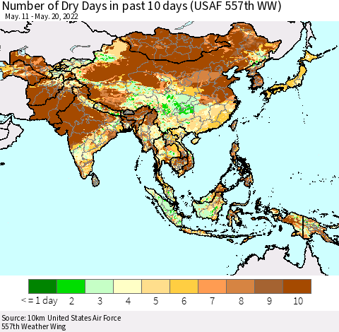Asia Number of Dry Days in past 10 days (USAF 557th WW) Thematic Map For 5/16/2022 - 5/20/2022