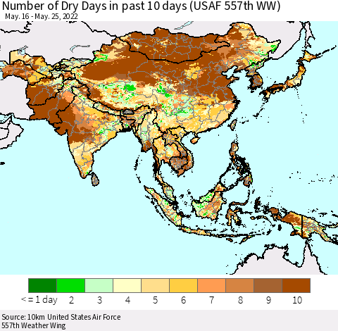 Asia Number of Dry Days in past 10 days (USAF 557th WW) Thematic Map For 5/21/2022 - 5/25/2022