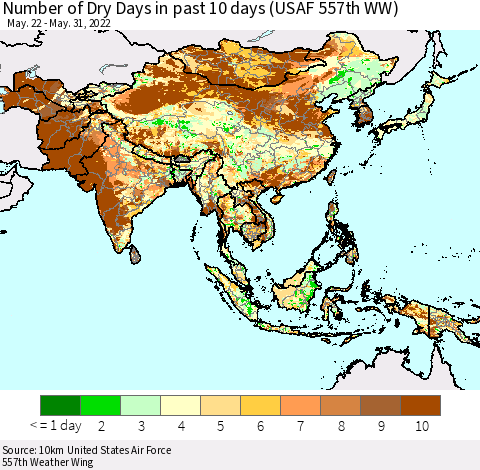 Asia Number of Dry Days in past 10 days (USAF 557th WW) Thematic Map For 5/26/2022 - 5/31/2022