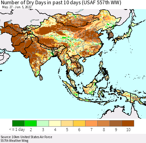 Asia Number of Dry Days in past 10 days (USAF 557th WW) Thematic Map For 6/1/2022 - 6/5/2022