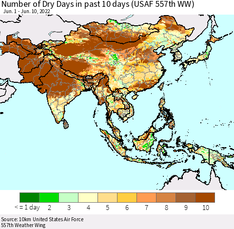 Asia Number of Dry Days in past 10 days (USAF 557th WW) Thematic Map For 6/6/2022 - 6/10/2022