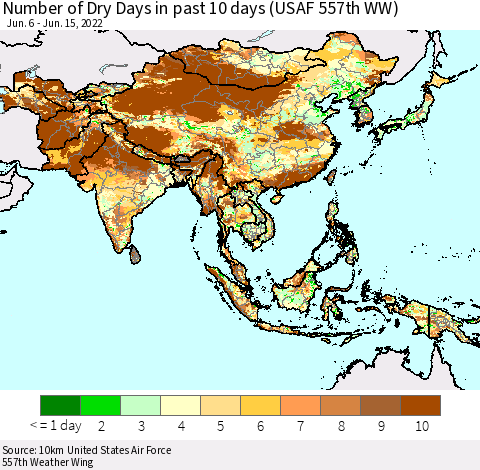Asia Number of Dry Days in past 10 days (USAF 557th WW) Thematic Map For 6/11/2022 - 6/15/2022
