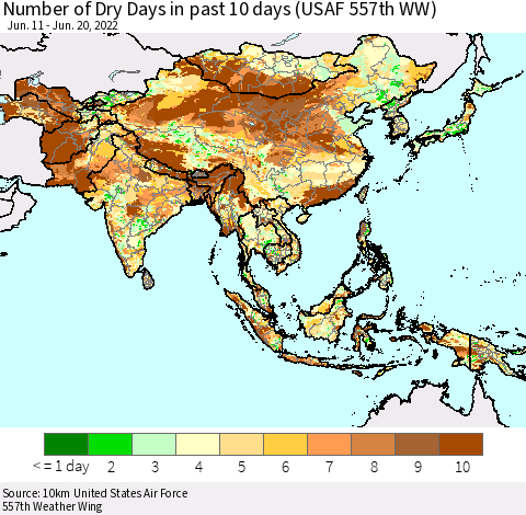 Asia Number of Dry Days in past 10 days (USAF 557th WW) Thematic Map For 6/16/2022 - 6/20/2022