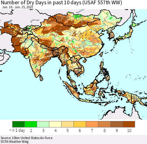 Asia Number of Dry Days in past 10 days (USAF 557th WW) Thematic Map For 6/21/2022 - 6/25/2022