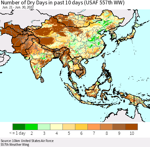 Asia Number of Dry Days in past 10 days (USAF 557th WW) Thematic Map For 6/26/2022 - 6/30/2022
