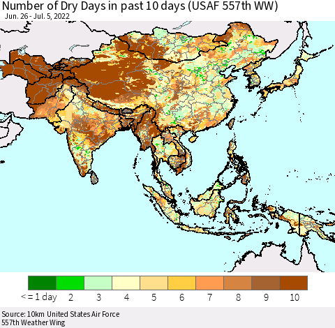 Asia Number of Dry Days in past 10 days (USAF 557th WW) Thematic Map For 7/1/2022 - 7/5/2022