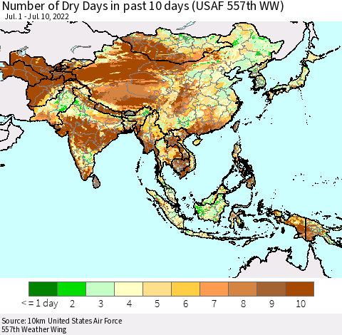 Asia Number of Dry Days in past 10 days (USAF 557th WW) Thematic Map For 7/6/2022 - 7/10/2022