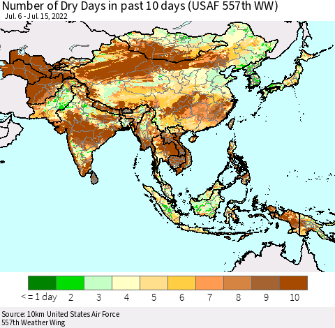 Asia Number of Dry Days in past 10 days (USAF 557th WW) Thematic Map For 7/11/2022 - 7/15/2022